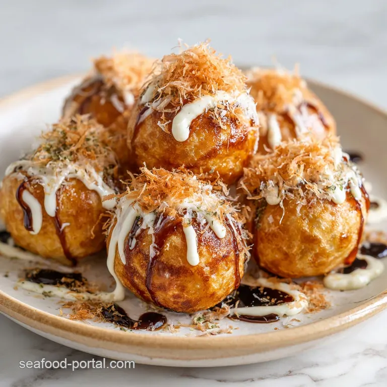 Six golden spheres arranged neatly on a black slate, topped with dancing bonito flakes and green seaweed powder.