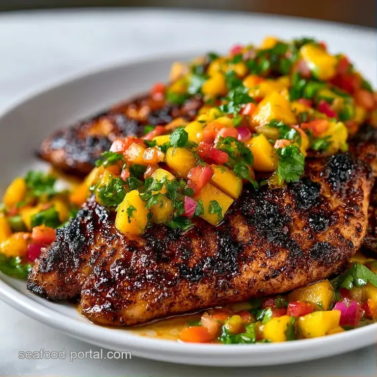 Searing blackened fish served on a white plate with a colorful heap of bright mango salsa and a lime wedge.