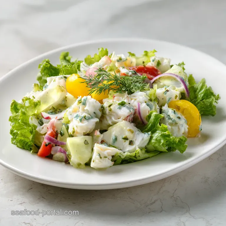 An artfully arranged salad featuring glistening jumbo lump crab, vibrant green herbs, and a drizzle of citrus dressing.