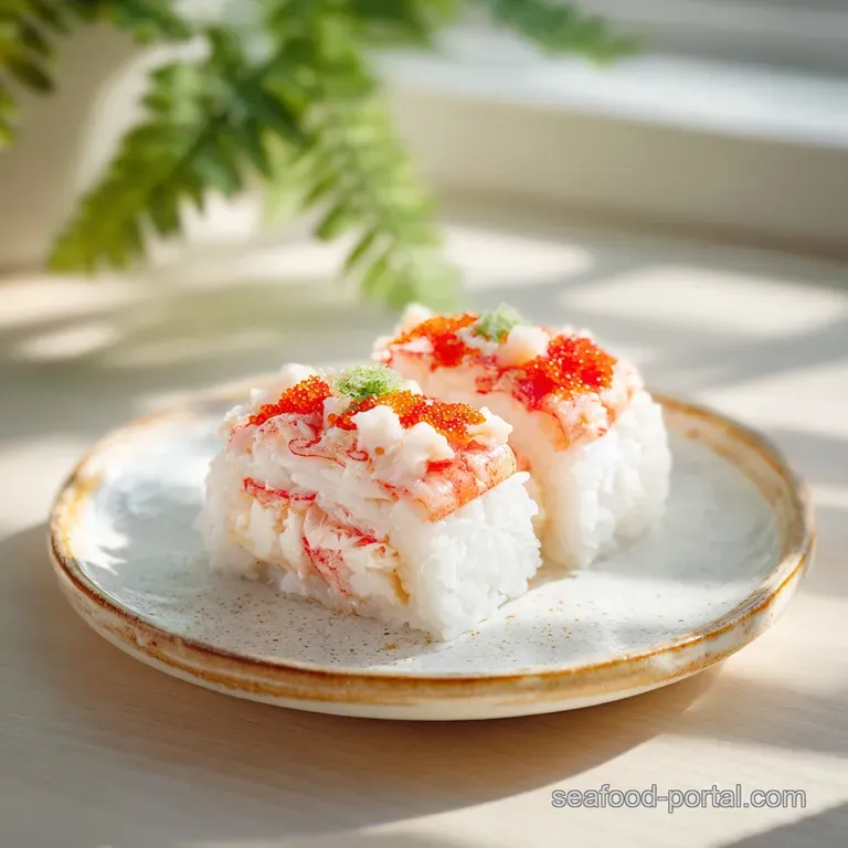 Elegant serving of Kani salad in a small white bowl, topped with tobiko roe and a sprig of vibrant green cilantro.