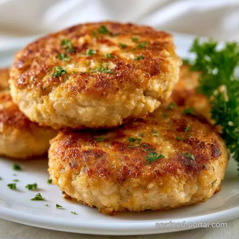 Three golden-brown patties stacked on white porcelain with a creamy aioli swirl and a bright yellow lemon wedge.
