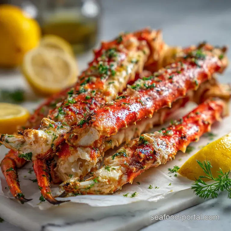 Platter of bright red king crab legs with lemon wedges and parsley sprigs. Melted butter glistens in a small dipping bowl.