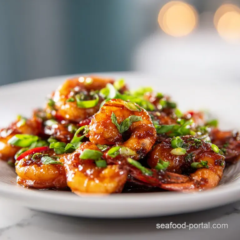 Kung Pao Shrimp plated beautifully with bright green scallions & fiery chiles, piled high on a white plate ready to be dev...