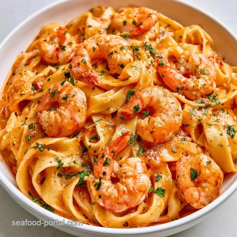Elegant swirl of wide pasta and pink seafood in a shallow white bowl, garnished with fresh herbs and lemon zest.