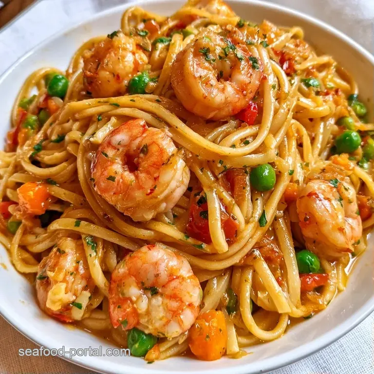 Elegantly swirled pasta in a white ceramic bowl, adorned with colorful garden vegetables and succulent pink shellfish.