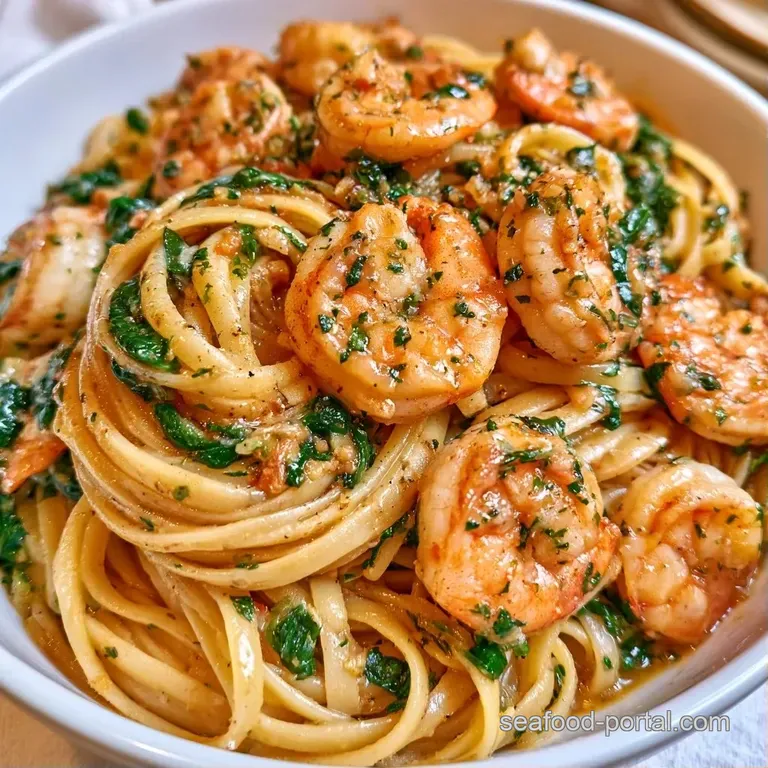 Elegantly swirled pasta topped with succulent langostinos and wilted spinach on a white ceramic plate with parsley.