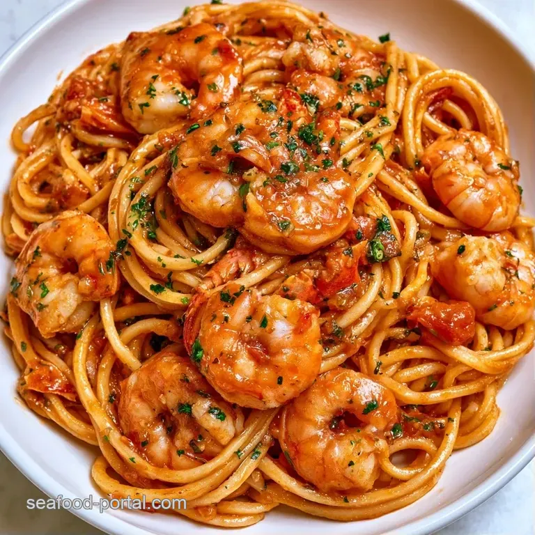 Al dente pasta swirls in a white shallow bowl, topped with succulent langostinos and a drizzle of golden olive oil.