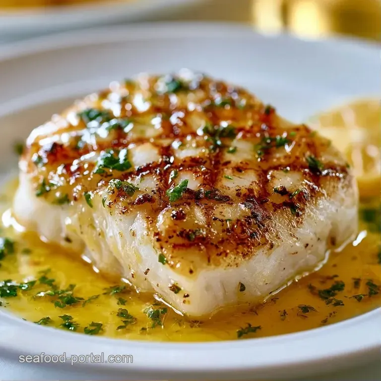 Seared white fish fillet on a white ceramic plate with charred asparagus and a bright slice of lemon on the side.