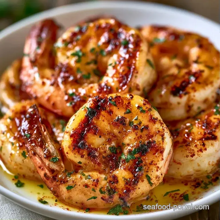Plump, seared shrimp arranged around fresh lemon wedges and sprigs of green parsley on a modern slate plate