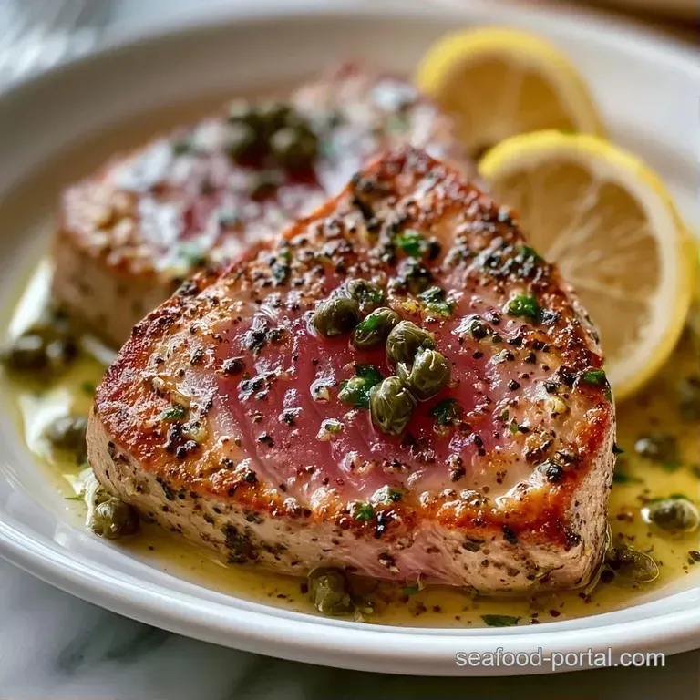 Elegant plated seared tuna with briny capers and bright lemon slices, resting on a bed of wilted spinach leaves.