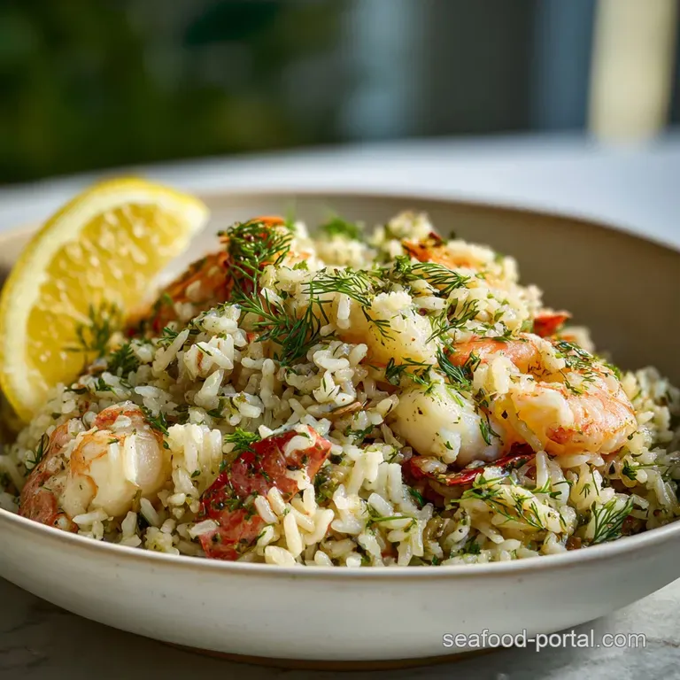 A sculpted mound of pale yellow rice, dotted with bright green dill. Elegant plating with a simple, clean aesthetic.