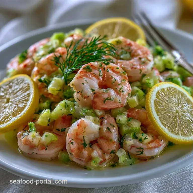 Pink shrimp tossed in creamy sauce, garnished with fresh dill sprigs and lemon wedges on a white ceramic plate.