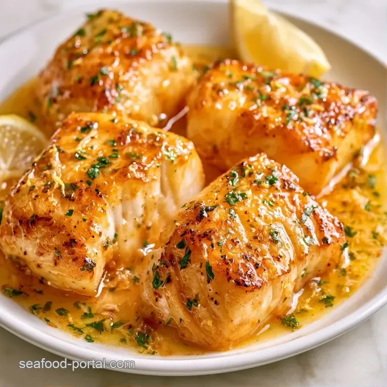 Elegant plate of white flaky fish topped with melted garlic butter and thin lemon rounds beside steamed greens.