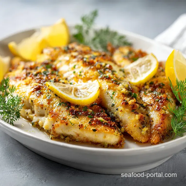 Delicate baked tilapia served with bright green herbs and a glistening lemon wedge.