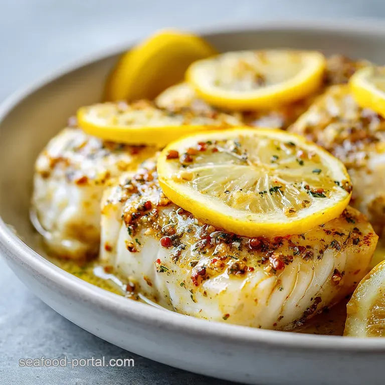 Elegant white plate with a flaky white fillet, bright yellow lemon rounds, and a light drizzle of lemon butter.