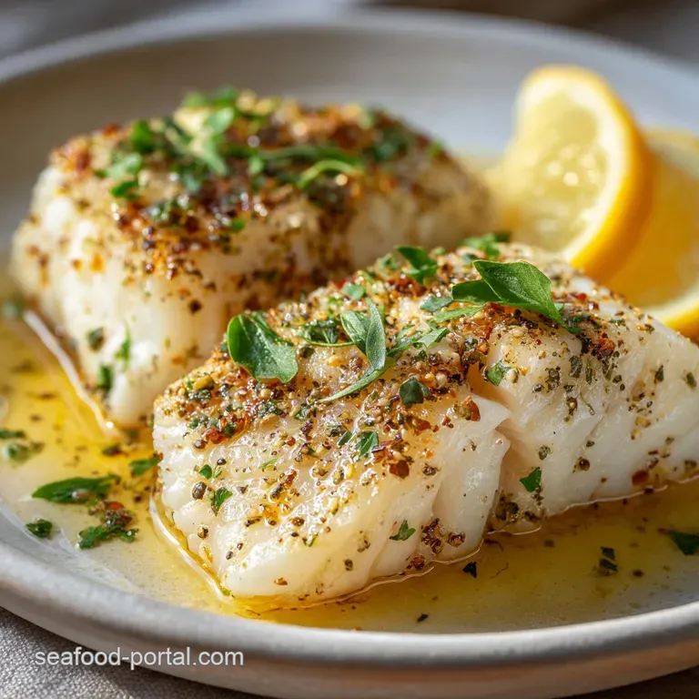 Perfectly cooked cod, bright lemon wedges, and chopped parsley artfully arranged on a white plate, ready to be served. Oli...