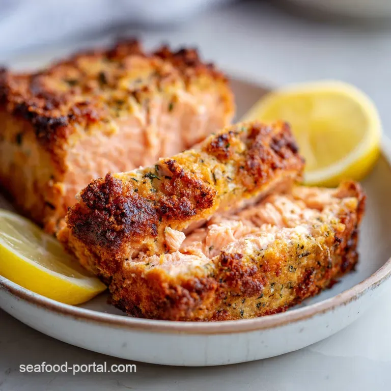 Neatly sliced salmon loaf on a ceramic plate with a drizzle of lemon butter and bright green herb garnish.