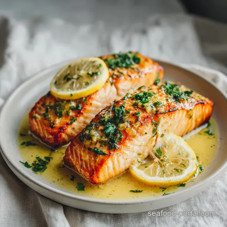 Pan-seared pink salmon fillet topped with thin lemon slices and garlic on a bed of vibrant steamed asparagus.