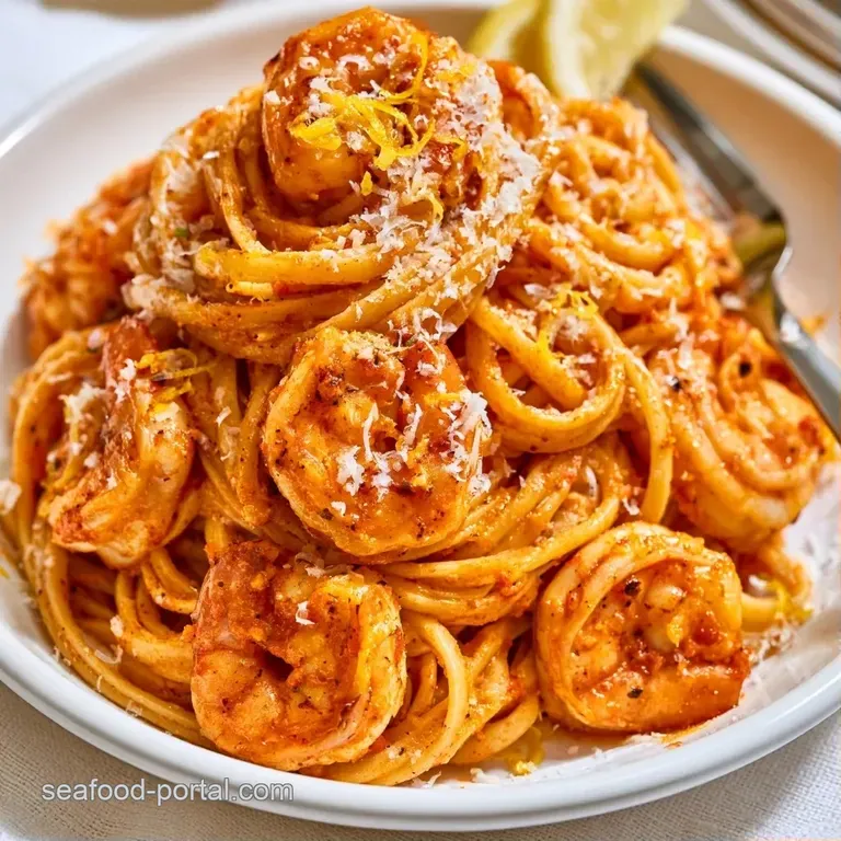 A white ceramic bowl filled with swirled pasta and seared shrimp, accented by fresh lemon slices and parsley.