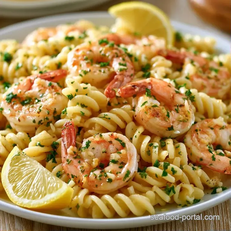 Elegant plating of pasta and seared shrimp with vibrant parsley and thin lemon wheels on a minimalist white plate.