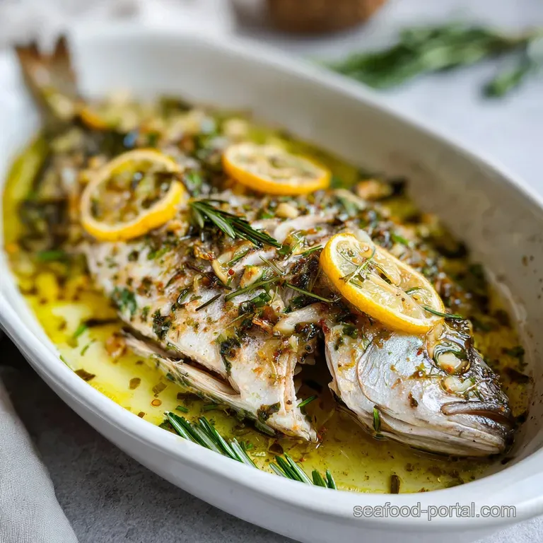 Delicate baked wahoo fillet, seasoned and bright, elegantly presented with lemon slices and fresh parsley.