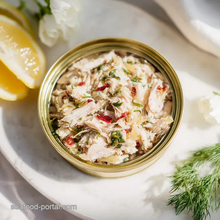 Delicate crab salad mounded elegantly on a white plate, garnished with fresh dill and a lemon slice.