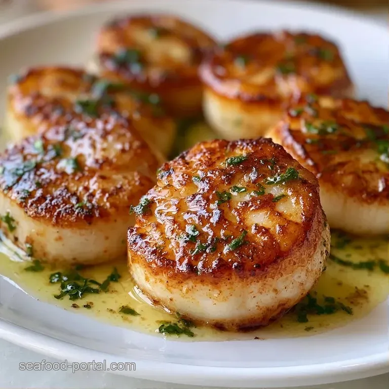 Three caramelized scallops arranged on a dark slate board with charred lemon rounds and a sprinkle of fresh herbs.