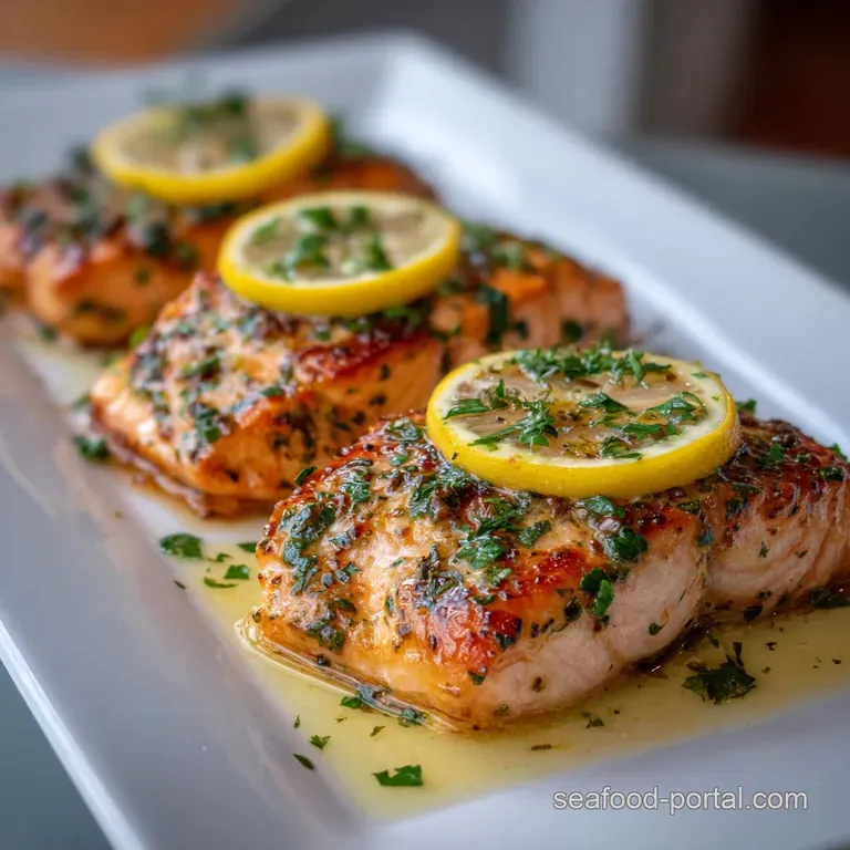 Three succulent salmon balls artfully arranged on a plate, garnished with fresh herbs and a bright lemon wedge.