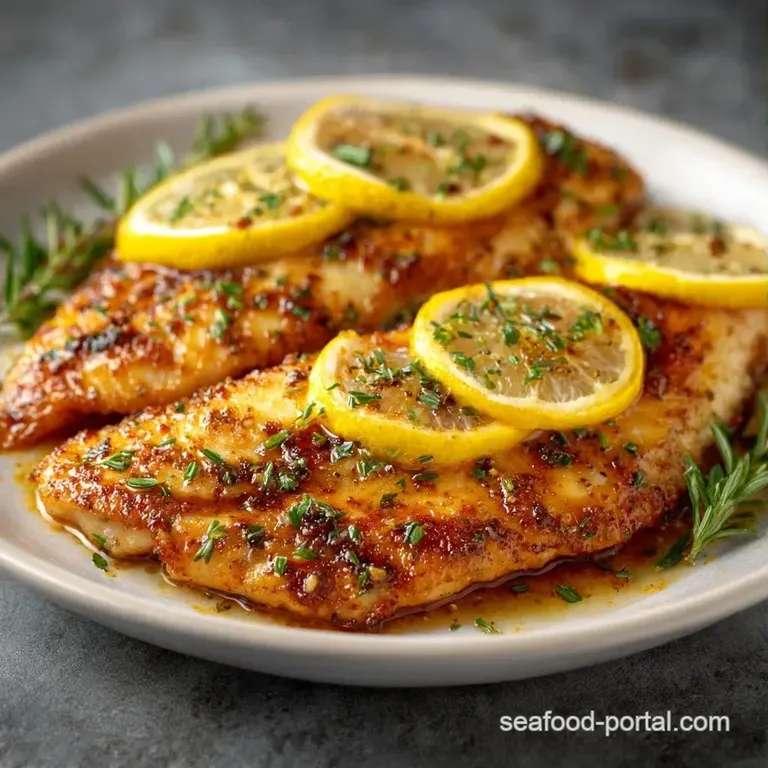 Seared white fish fillet atop vibrant wilted greens, accented by a bright lemon slice and a drizzle of melted butter.