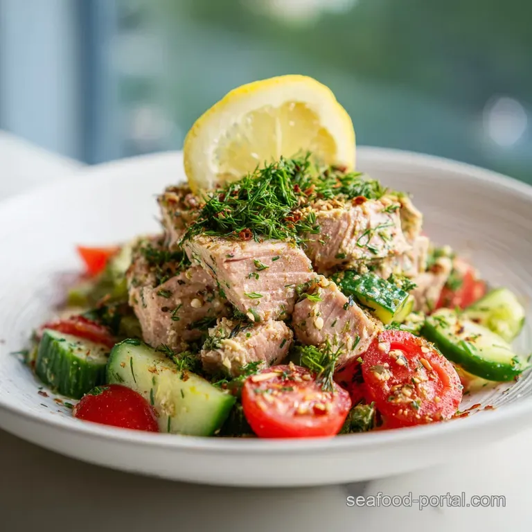Elegant tuna salad plate: Yellow lemon slice contrasts with the tuna and greens, drizzled with creamy dressing. A light, b...