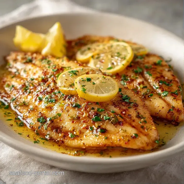 Tender white fish fillets garnished with lemon wheels and fresh parsley on a clean white plate with a side of greens.