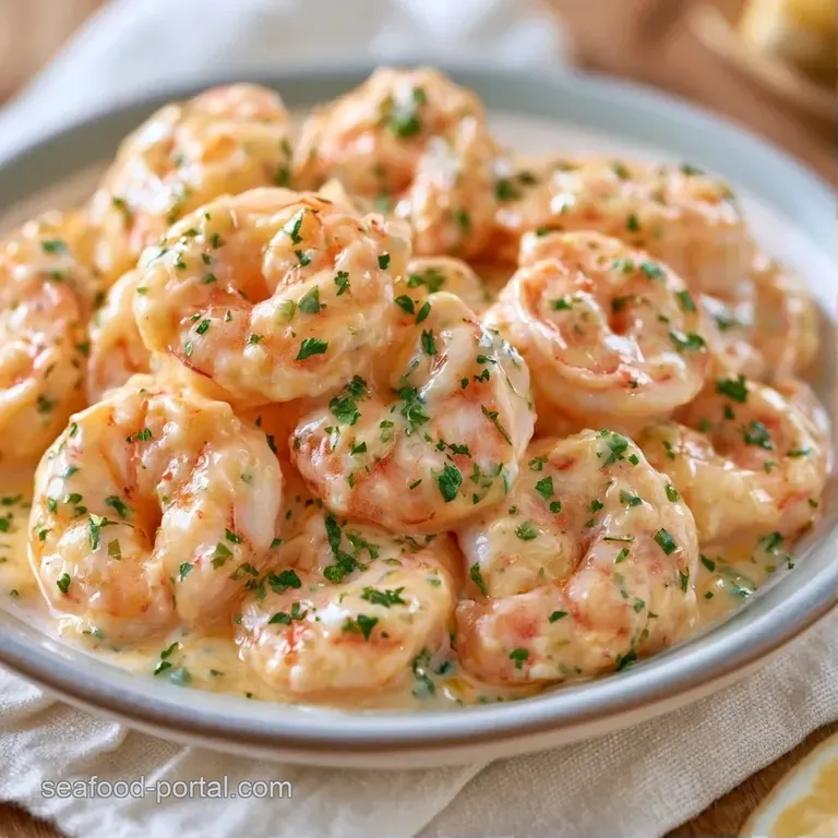 Plump pink shrimp in a velvety white sauce elegantly plated with fresh lemon slices and a sprinkle of chives.