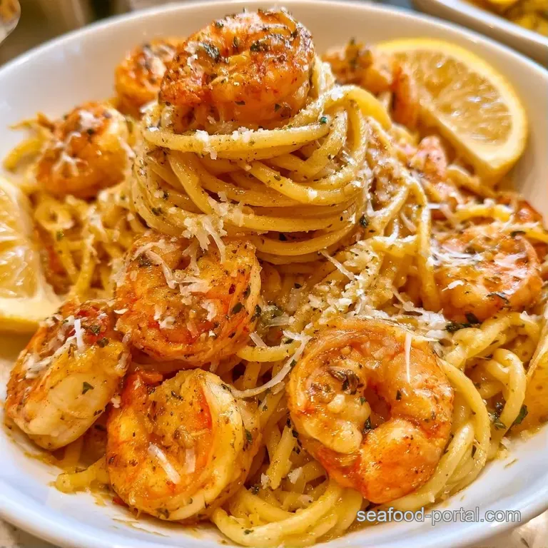 Swirled pasta topped with seared shrimp and lemon zest in a minimalist white bowl set on a light marble countertop.