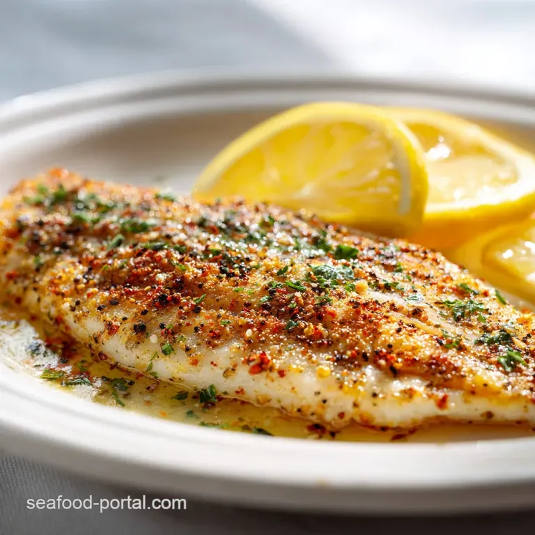 Perfectly baked white fish glistening with lemon butter, served with a sprig of fresh herbs and a wedge of lemon.