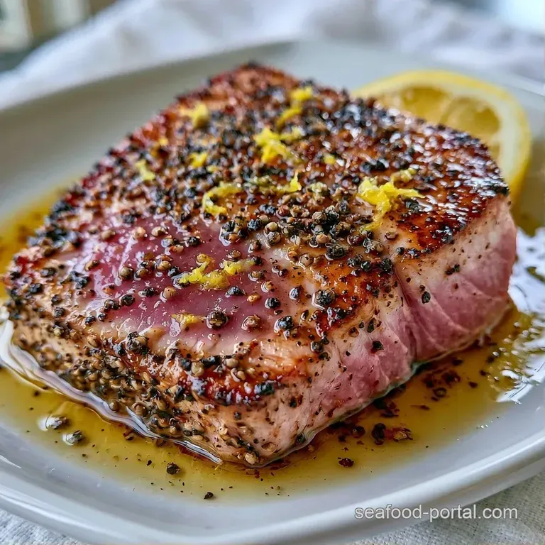 Flaky white tuna steaks on a white ceramic plate, accented by bright green herbs and a drizzle of melted butter.