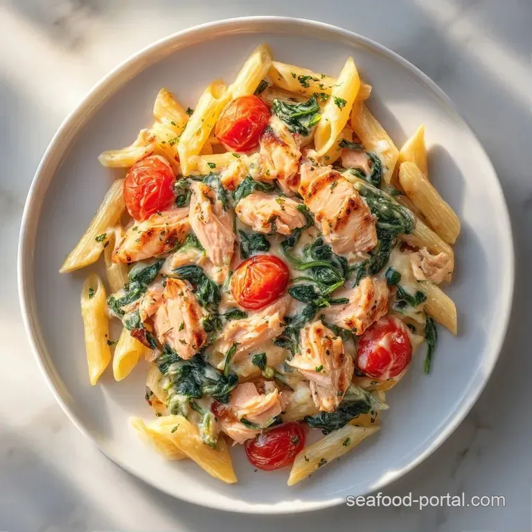 A portion of creamy pasta and pink salmon served on a white plate, topped with fresh parsley and lemon slices.