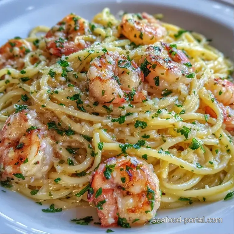 A shallow white bowl of buttery pasta topped with seared shrimp, bright lemon wedges, and a sprinkle of chopped herbs.