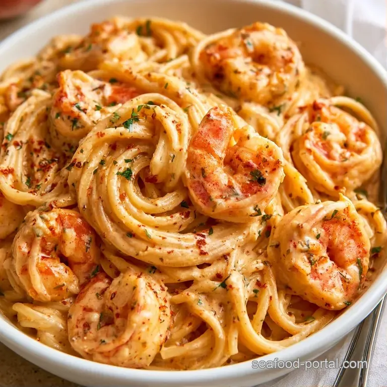 Elegant plate of pasta topped with curled pink shrimp, fresh parsley sprigs, and a vibrant slice of lemon.