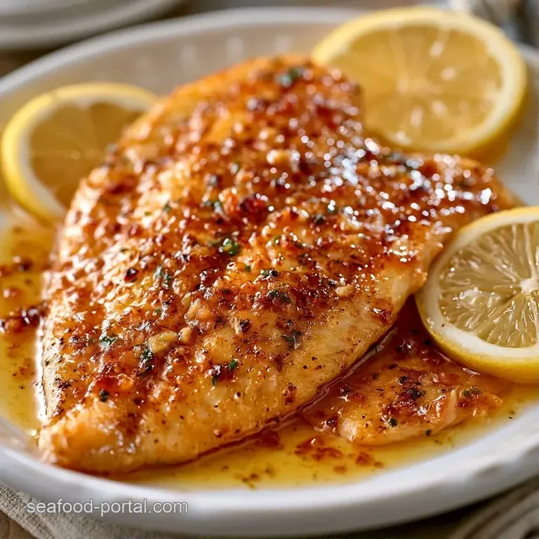 Flaky white fish elegantly plated with butter sauce, bright lemon wheels, and a sprig of fresh green parsley.