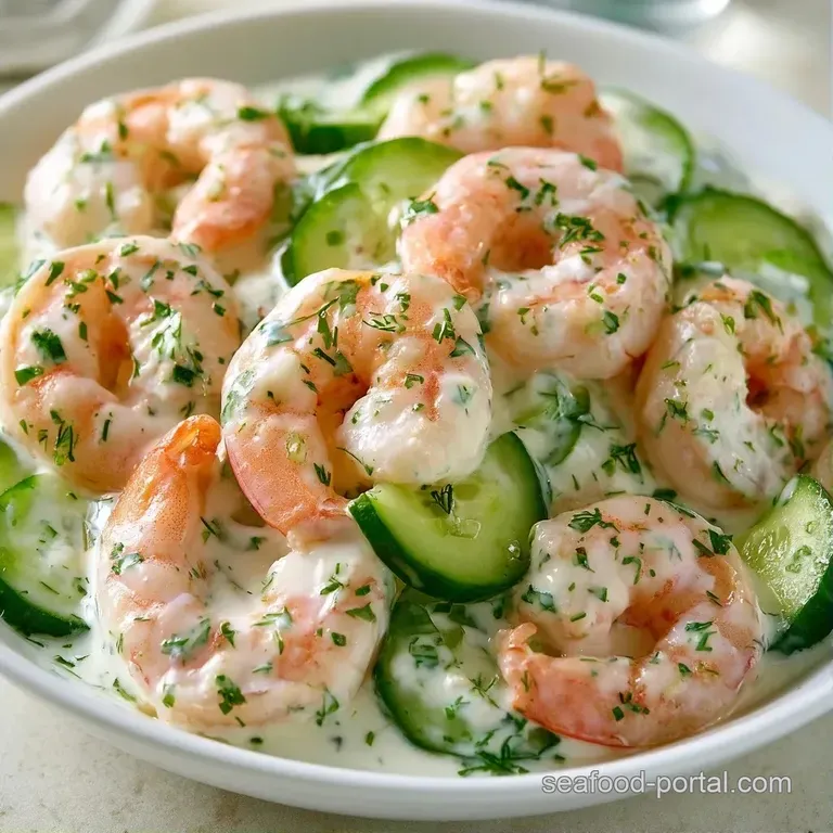 Chilled shrimp and diced cucumber salad elegantly arranged in a white bowl with a bright lemon wedge and parsley.