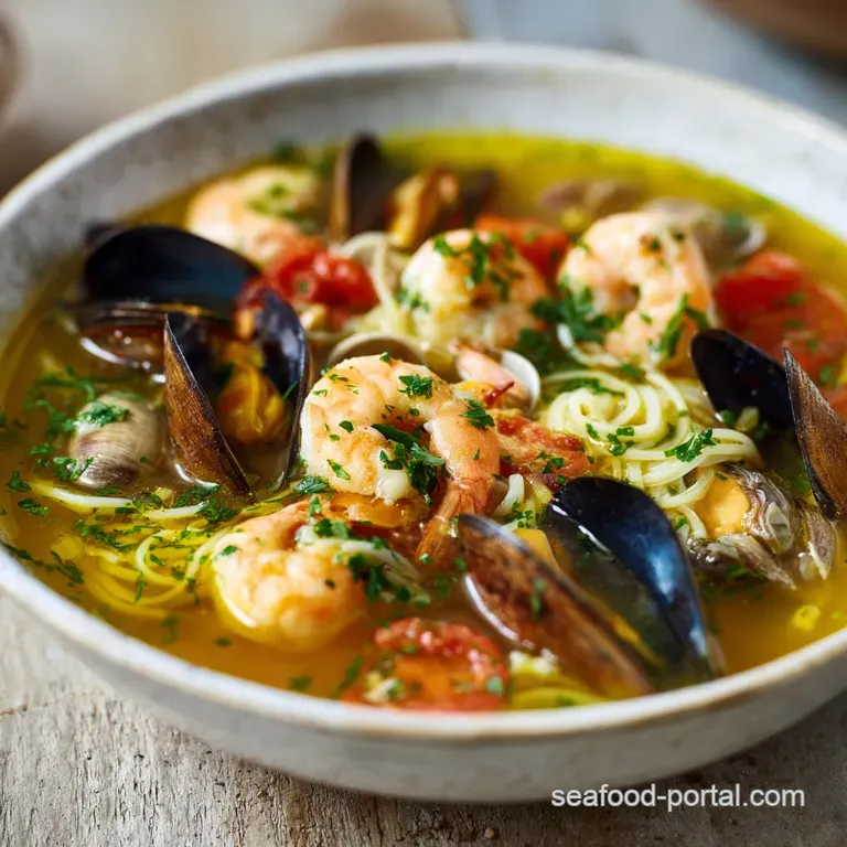 Summer Seafood Soup: Light Saffron Tomato Broth presentation