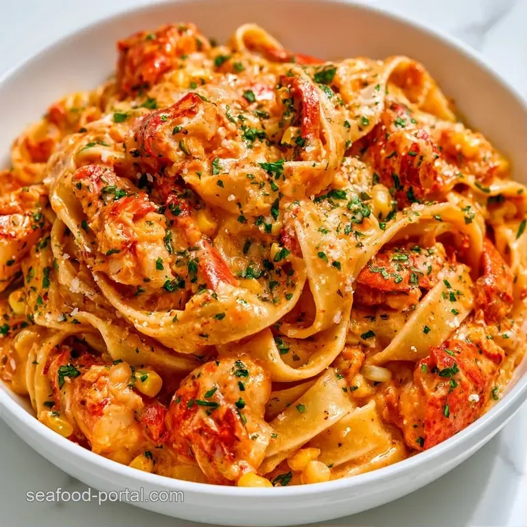 Wide ribbons of pasta swirled in a shallow bowl, topped with succulent lobster and bright yellow corn kernels
