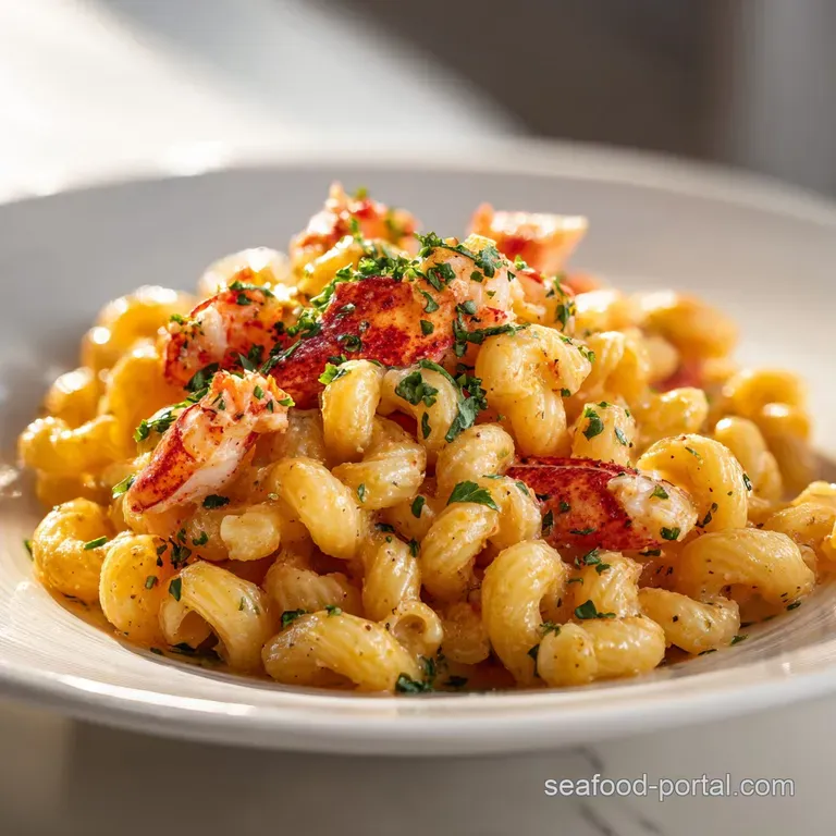 A white porcelain bowl of creamy pasta topped with butter-poached lobster and a sprinkle of fresh green chives.