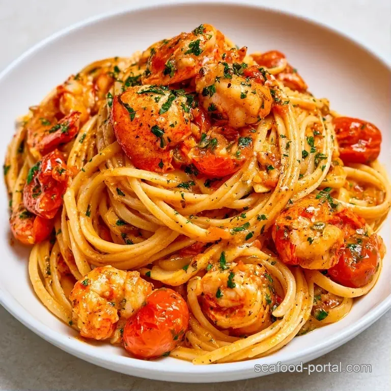 Elegant swirls of pasta topped with succulent lobster and blistered red tomatoes on a minimalist white plate.