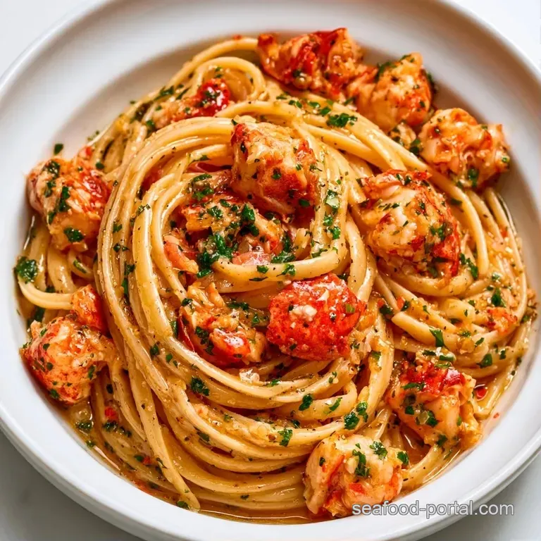 Elegant swirl of buttery noodles and red lobster chunks on a white plate, garnished with a fresh lemon slice.