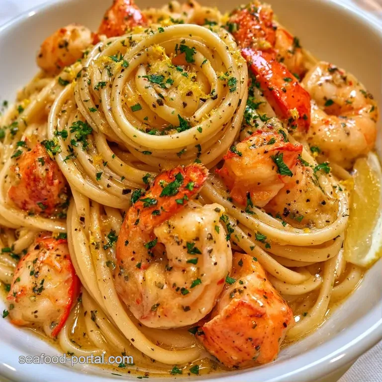 Plump red lobster pieces nestled atop twisted pasta curls with a bright lemon wedge on a minimalist white plate.