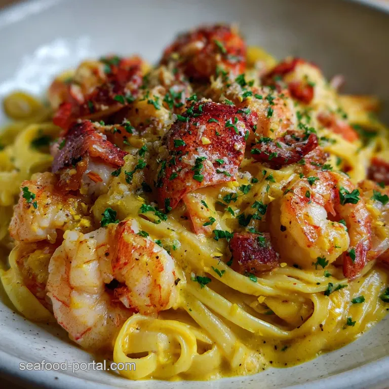 Lobster and Shrimp Pasta: Ultimate Surf N Turf presentation
