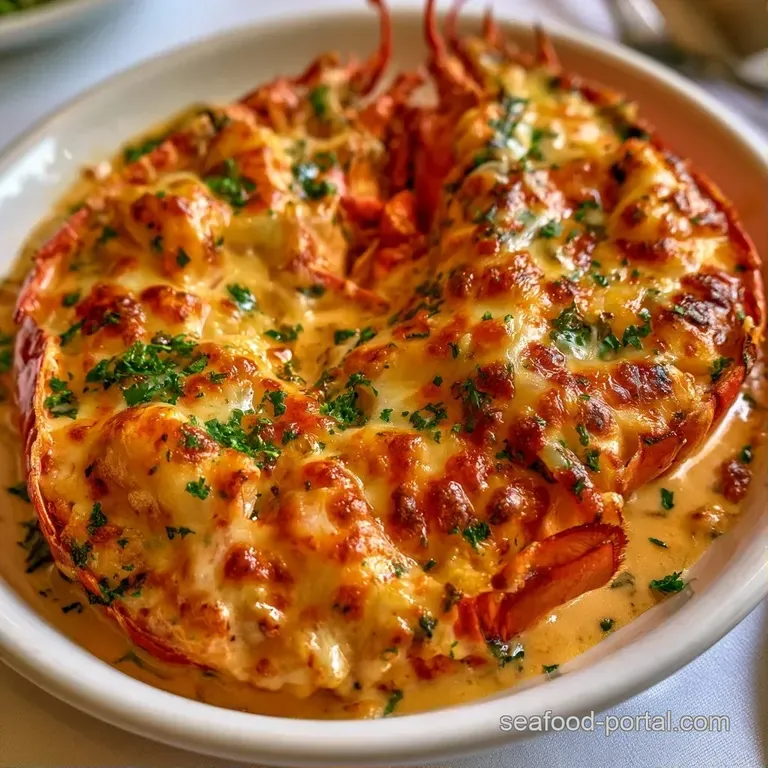 An elegant red lobster shell filled with rich cream sauce and melted cheese on a white plate with a lemon wedge.