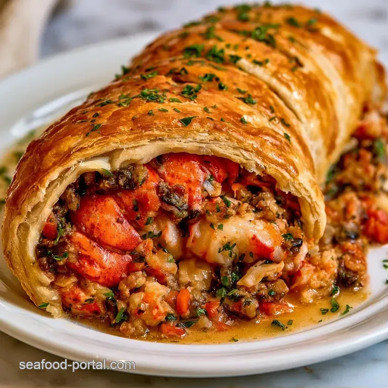 Sliced pastry cylinders revealing tender white lobster meat on a ceramic plate with a drizzle of butter sauce