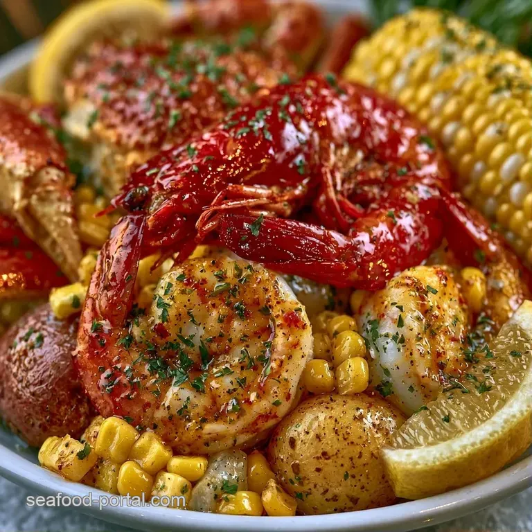 Steaming platter of red shellfish and yellow corn, accented with bright lemon wedges and fresh green parsley.